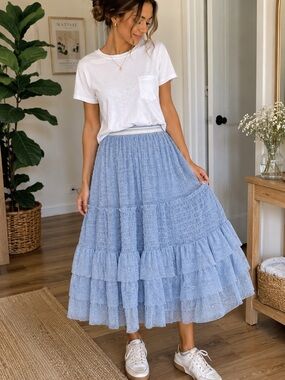 Maeve Anthropologie Blue Swiss Dot Tiered Tulle Midi Skirt XS Balletcore